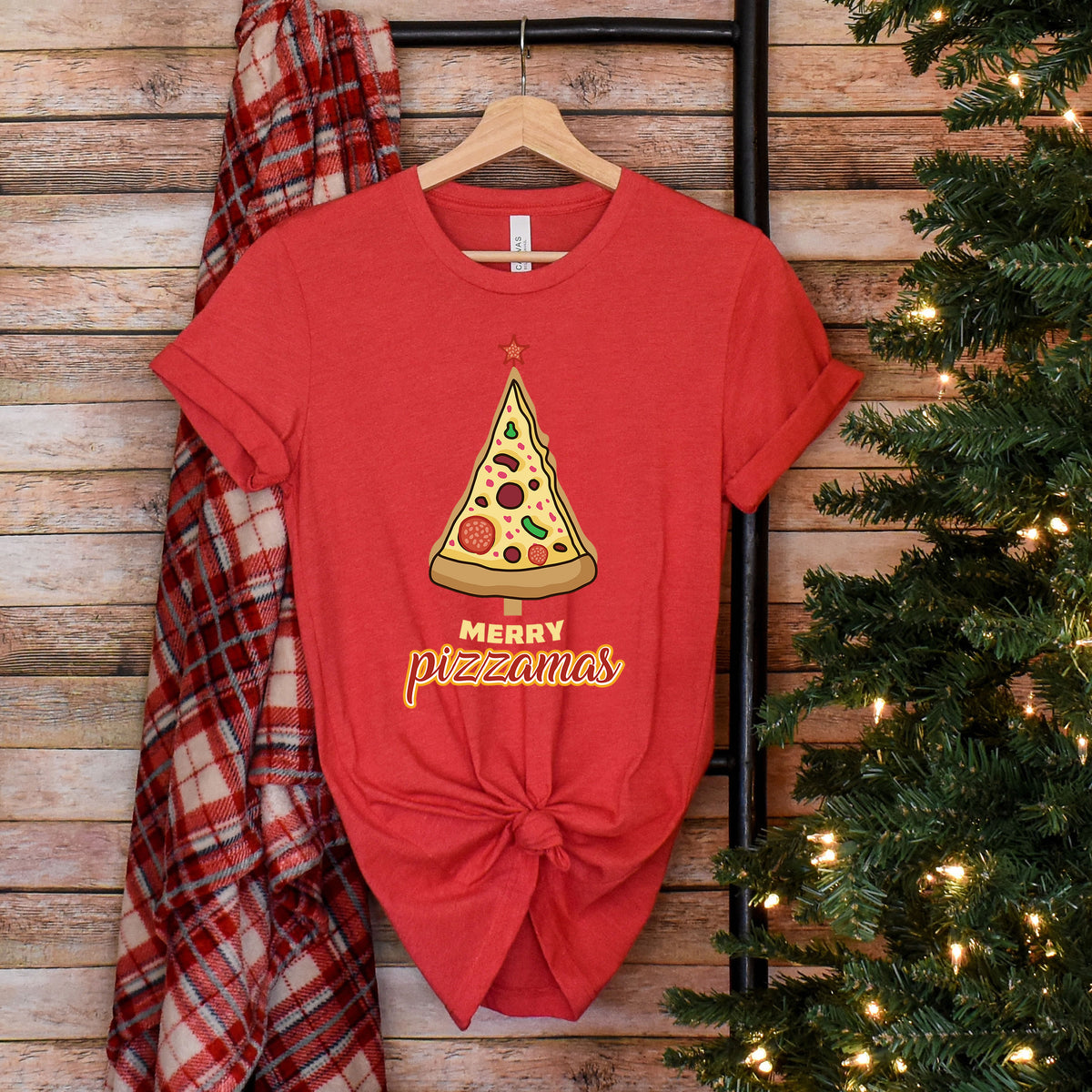 Merry Pizza Christmas Funny Shirt Heather Red T-shirt
