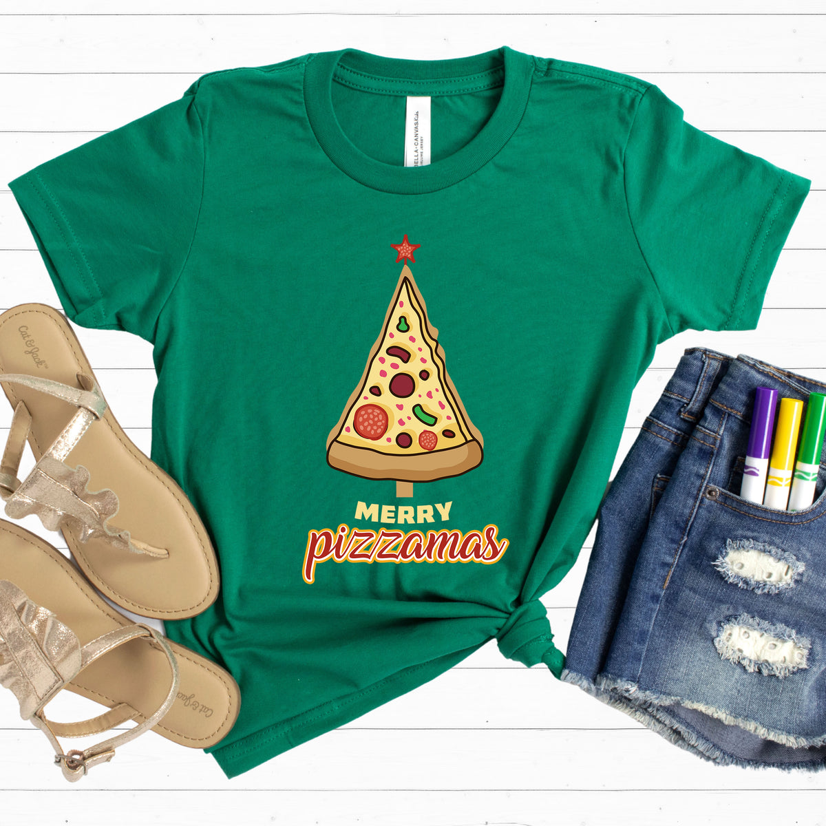 Funny Merry Pizza Christmas Tree Shirt Kelly Green Youth Tshirt