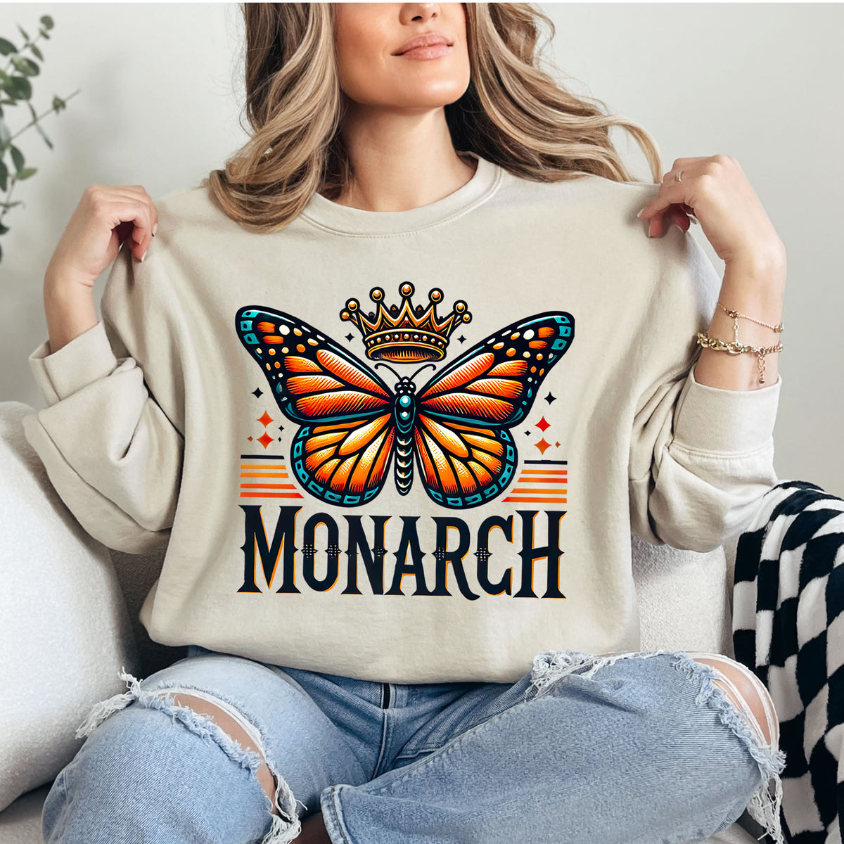 Monarch Butterfly Sweatshirt | Sand Crewneck Sweatshirt