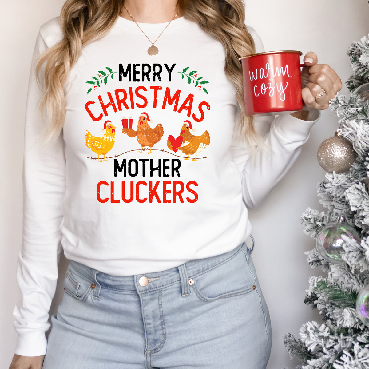 Funny Merry Christmas Chicken Shirt | White Long-sleeved Tee