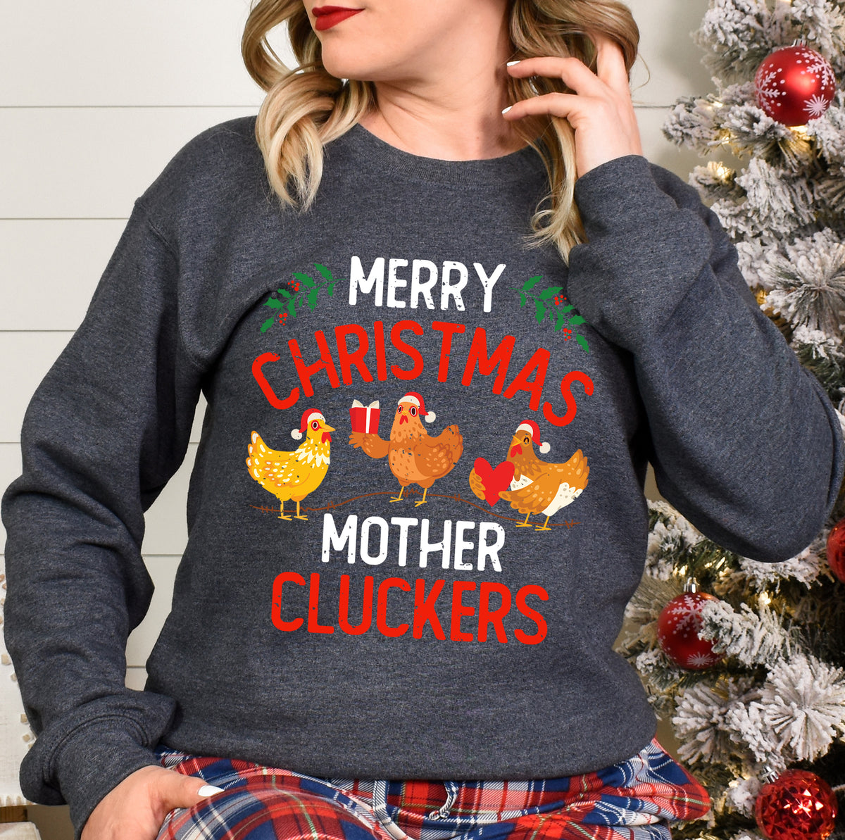 Funny Merry Christmas Chicken Shirt | Dark Heather Sweatshirt