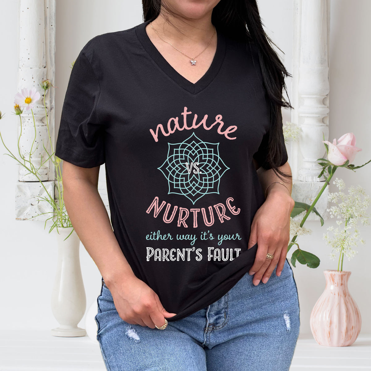 Nature Vs Nurture Funny Psychology Shirt  | Black Vneck Tshirt