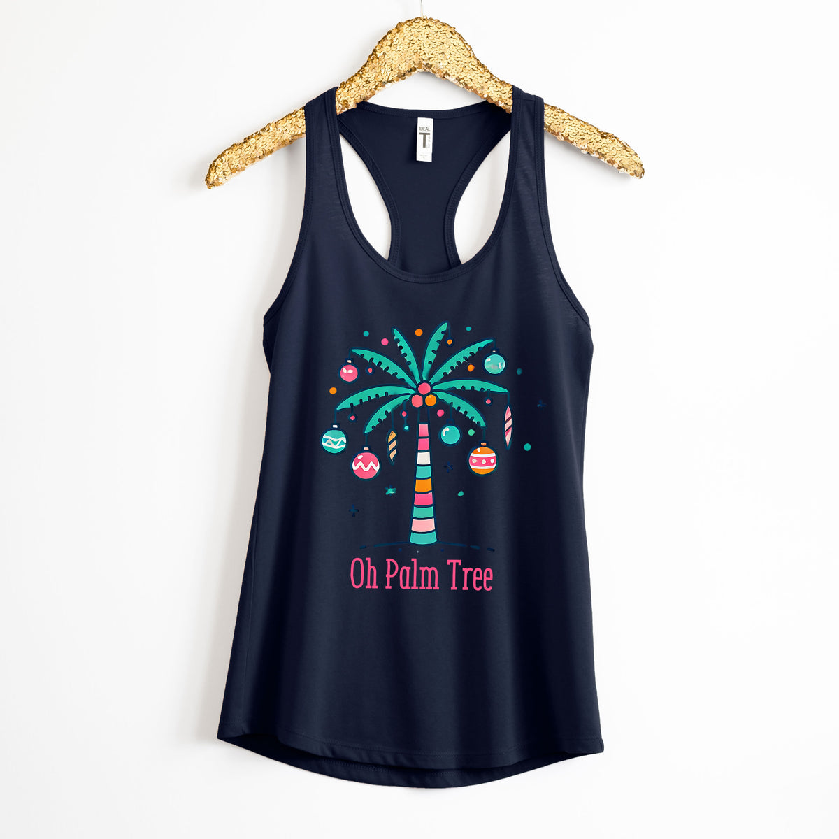 Oh Palm Tree Funny Christmas Tree Shirt | Navy Racerback Tank Top