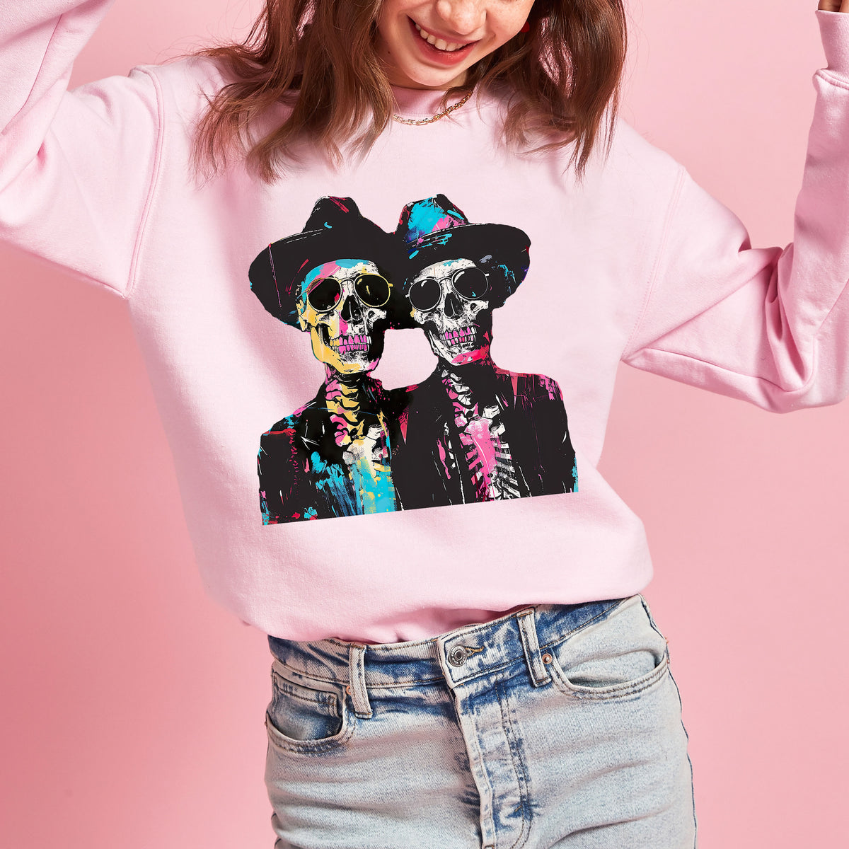 Neon Urban Art Halloween Skeleton Shirt | Light Pink Sweatshirt