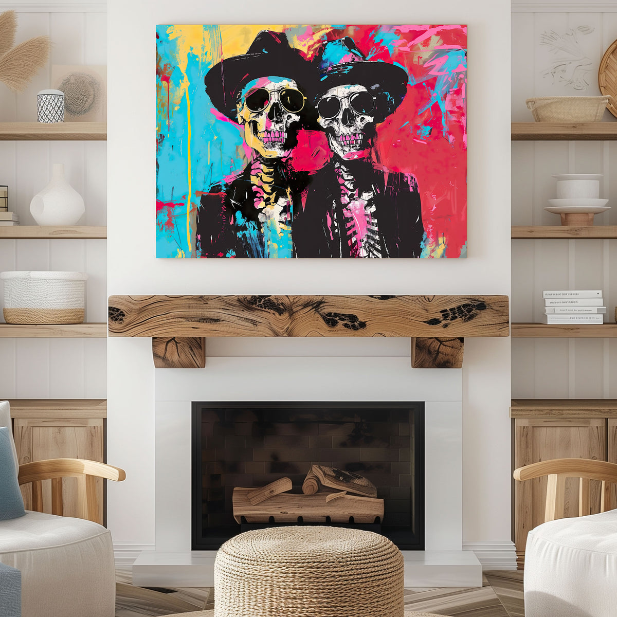 Neon Urban Art Halloween Skeleton Wall Art | Expressionist Art Canvas Gallery Wrap | Halloween Home Decor