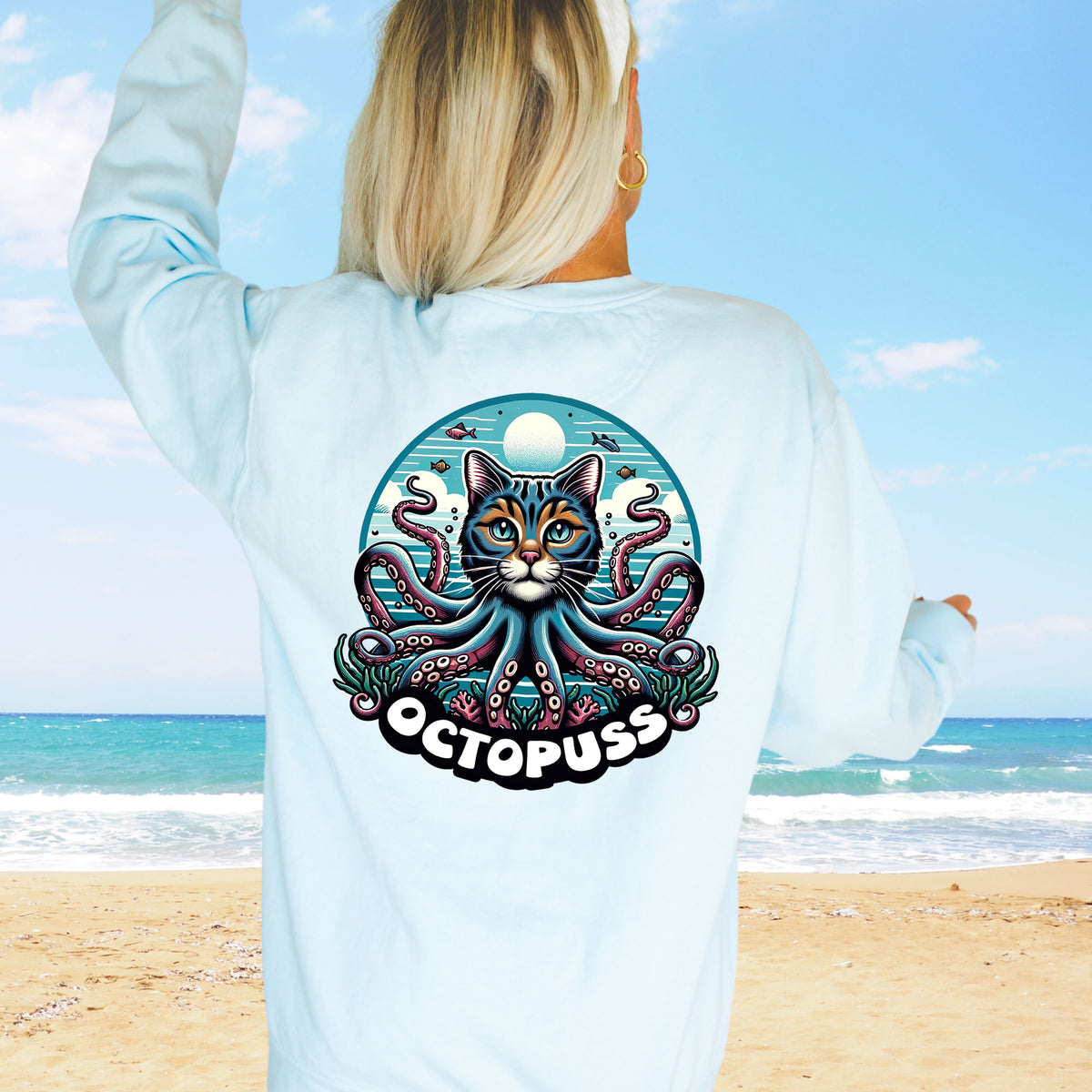 Octopuss Beach Bum Funny Cat Octopus Shirt | Chambray Custom Colors Sweatshirt