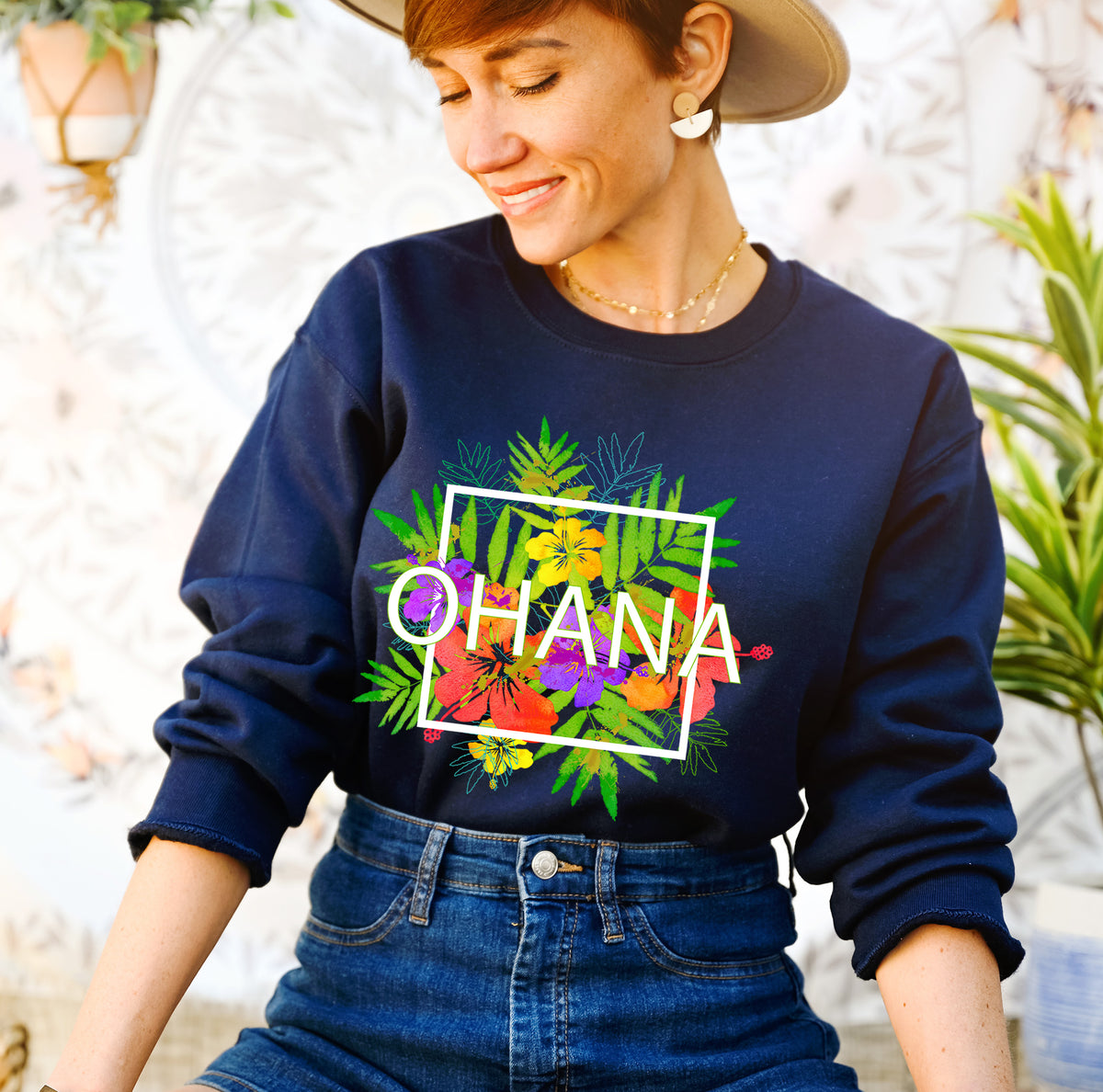 Ohana Means Family Beach Bum Tropical Shirt | Hawaiian Shirt | Graphic Tees | Unisex Crewneck Sweatshirt