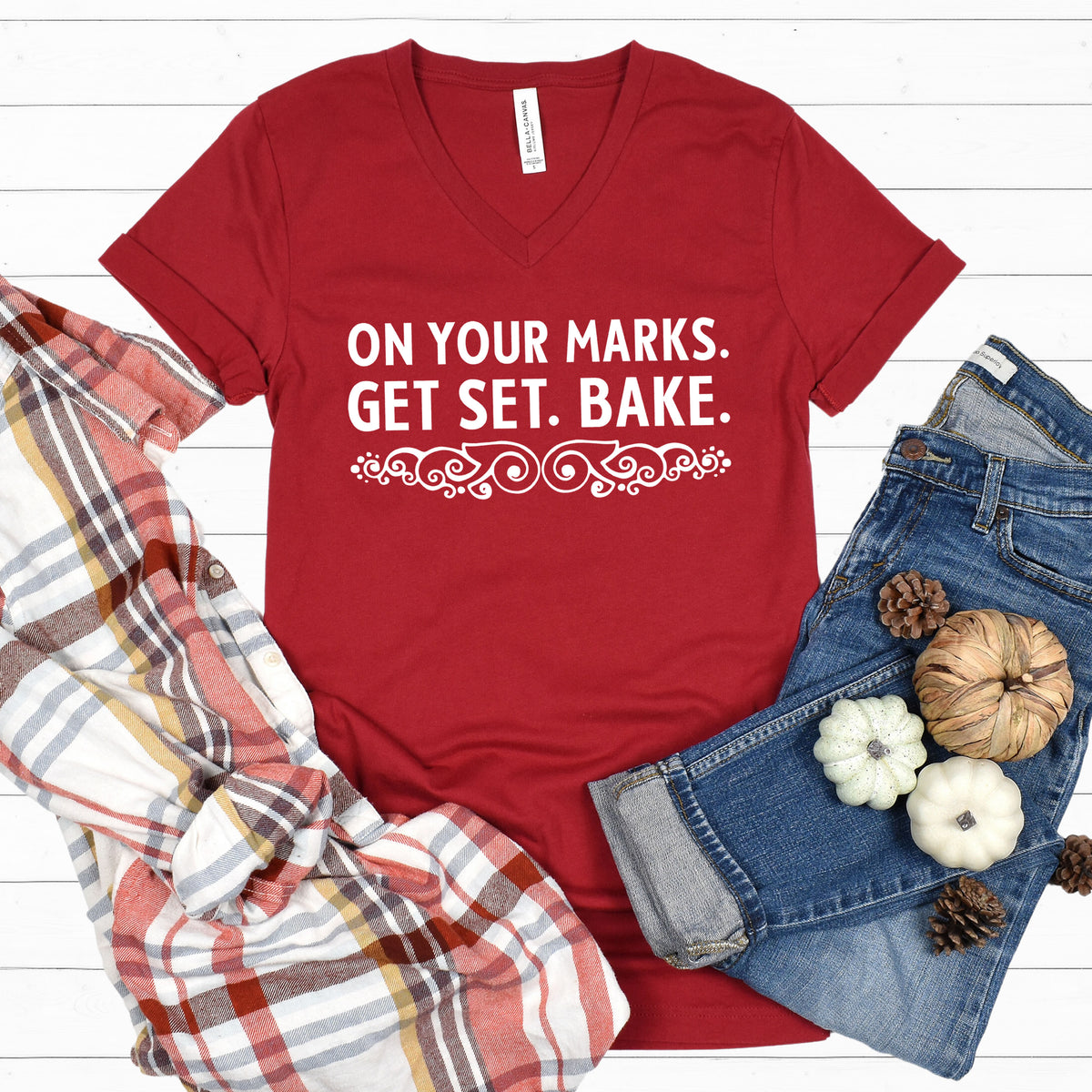On Your Marks Get Set British Baking Shirt | Red V-neck T-shirt