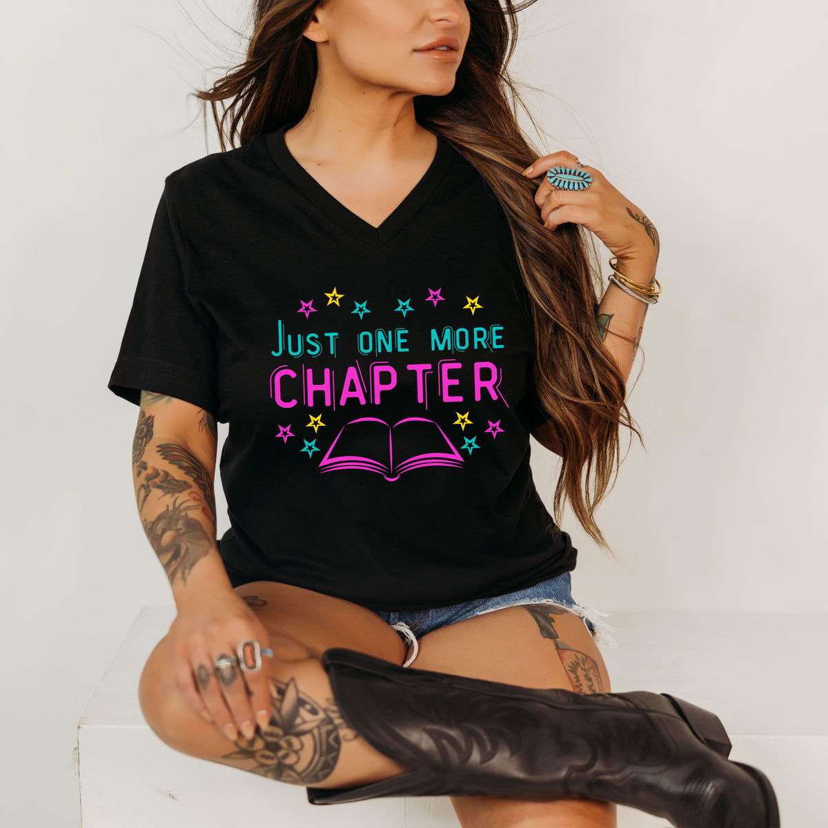 One More Chapter Bookish Book Lover Shirt | Black V-neck T-shirt