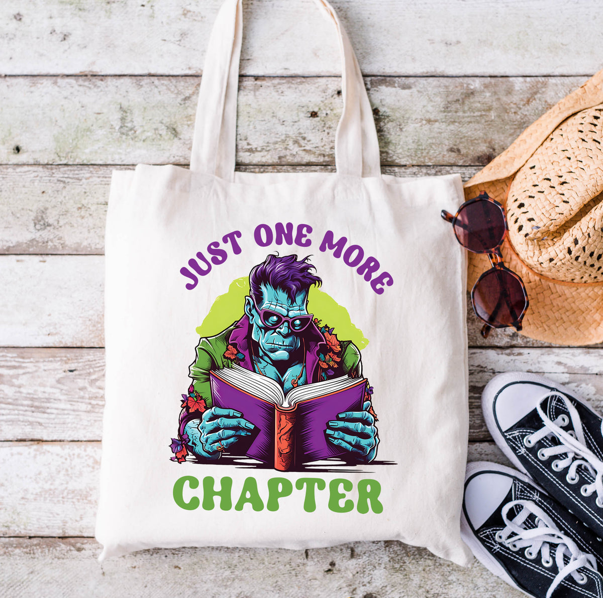 Just One More Chapter Frankenstein Tote | Halloween Book Bag  | Natural Tote Bag
