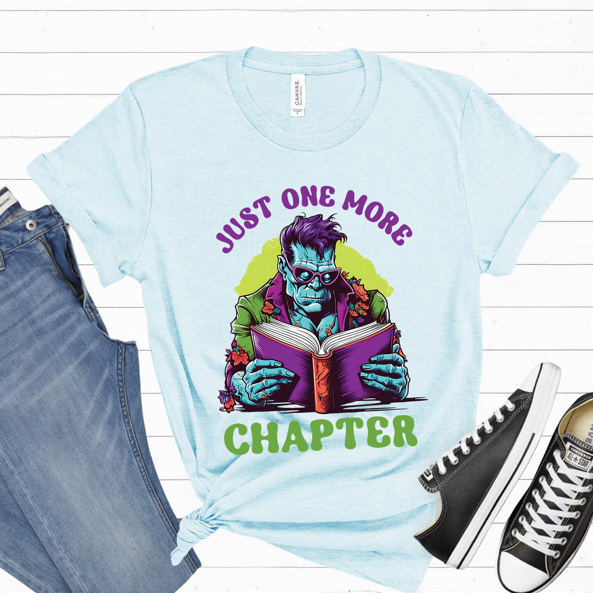 Just One More Chapter Frankenstein Shirt | Halloween Book Shirt | Heather Ice Blue Unisex Jersey T-shirt