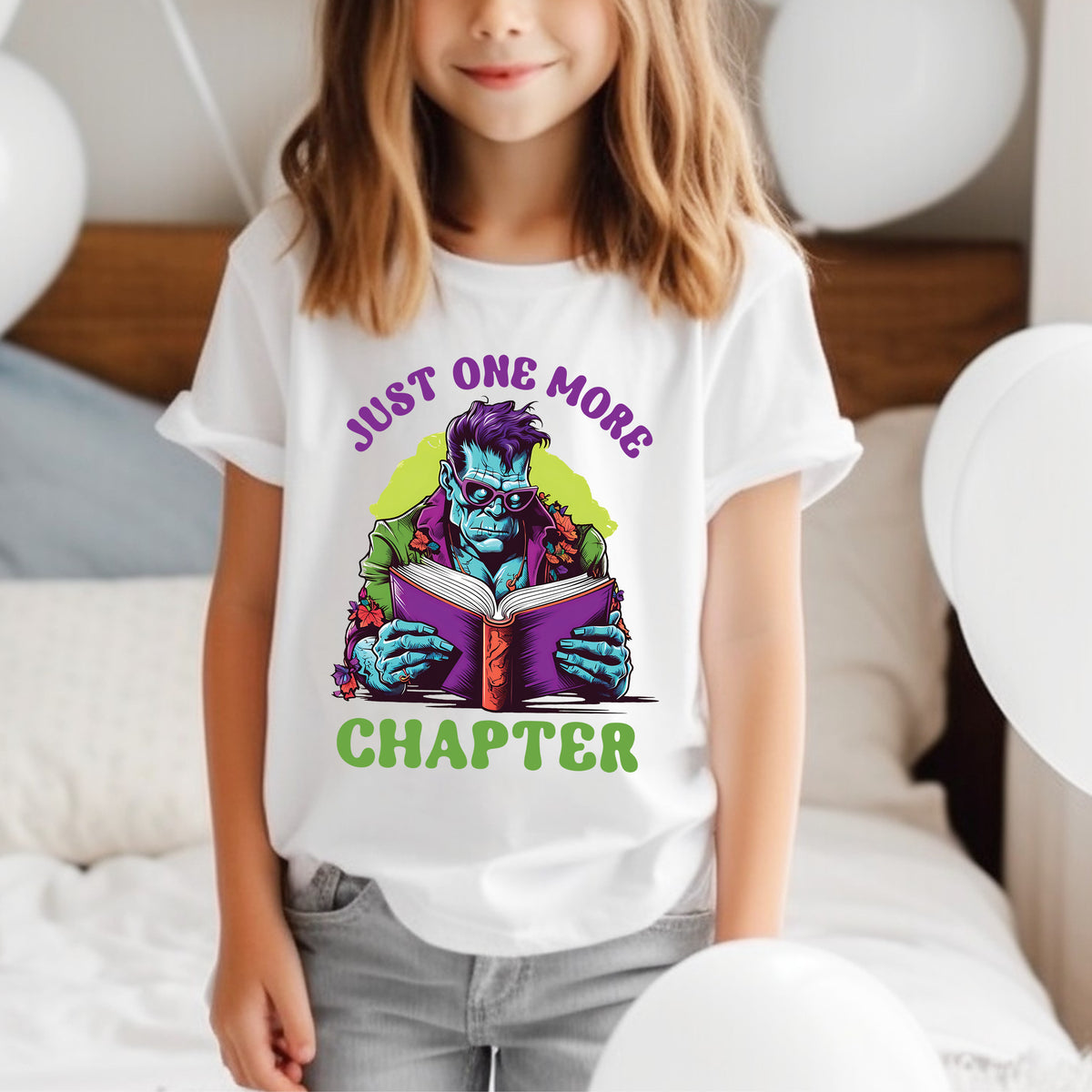 Just One More Chapter Frankenstein Shirt | Halloween Book Shirt | White Youth Jersey T-shirt
