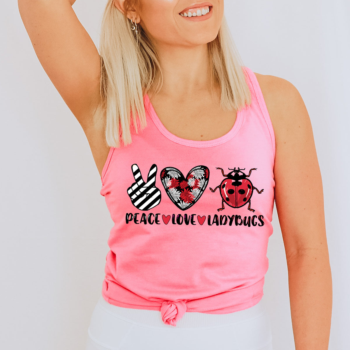 Peace Love Ladybugs Good Luck Tank Top  | Hot Pink Racerback Tank Top