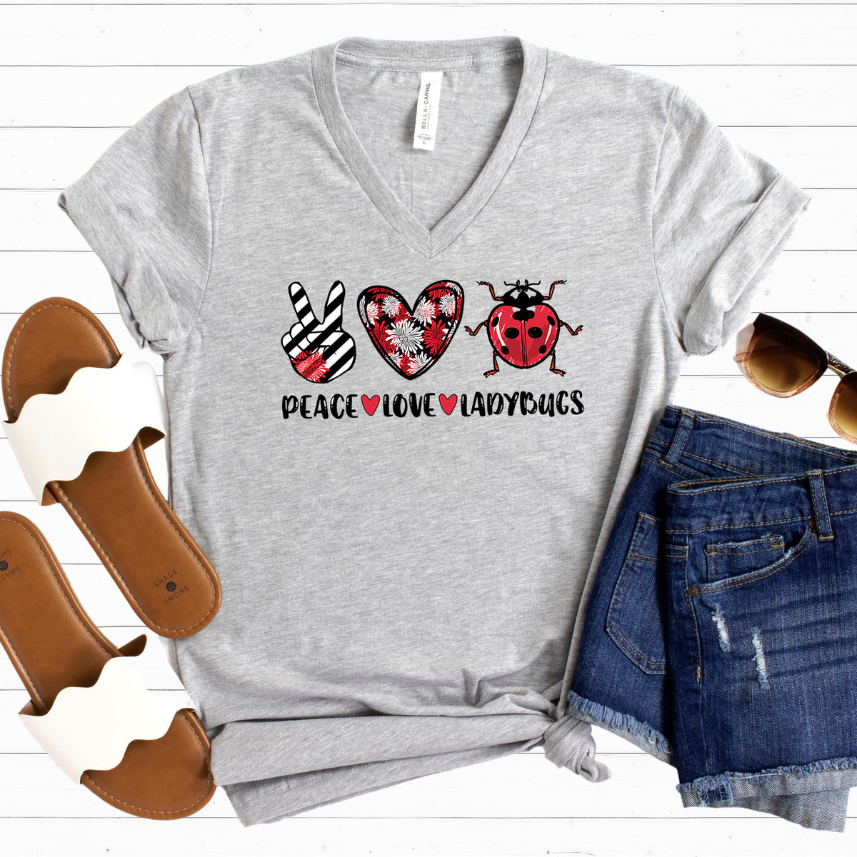 Peace Love Ladybug Gifts,  Insect Shirt, | Athletic Heather V-neck T-shirt