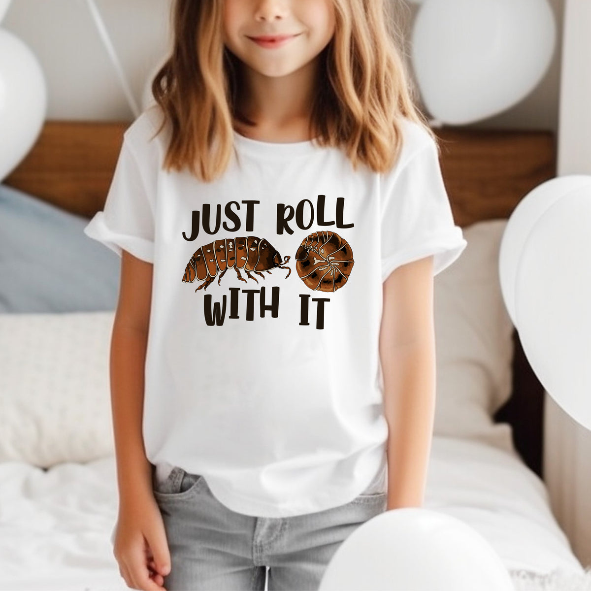Just Roll With It Funny Pill Bug Shirt | White Youth T-shirt