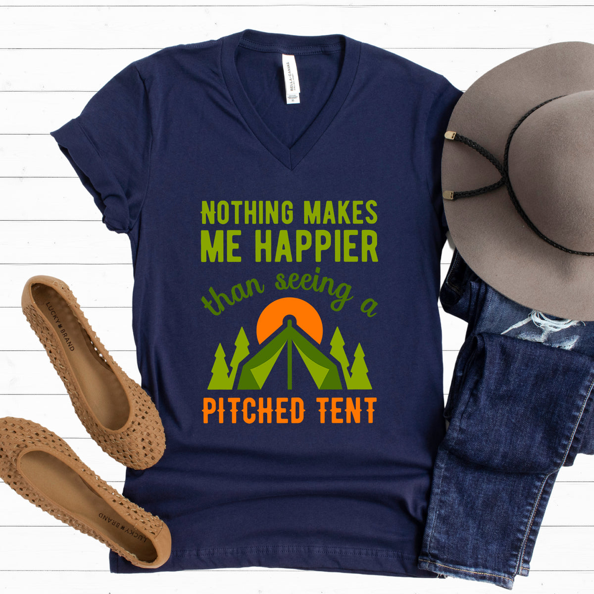 Pitched Tent Funny Camping Adventure Shirt  | Navy Blue Vneck Tshirt