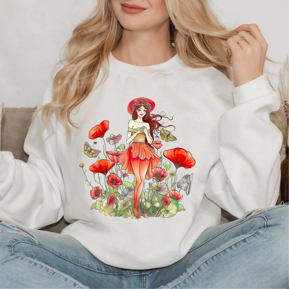 Cottagecore Poppy Flower shirt  | White Sweatshirt