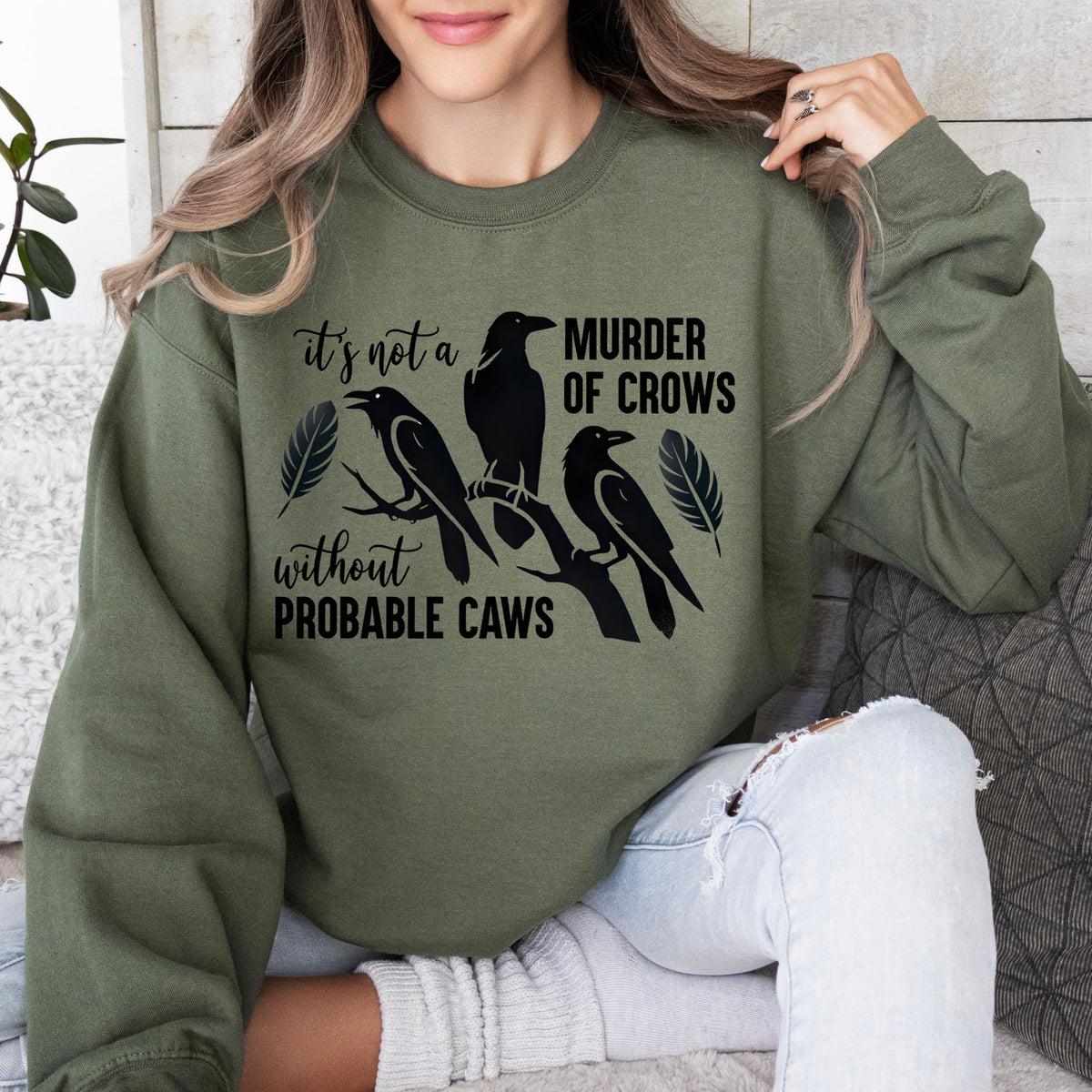 Murder of Crows Funny Crow Shirt | Military Green Unisex Crewneck Sweatshirt