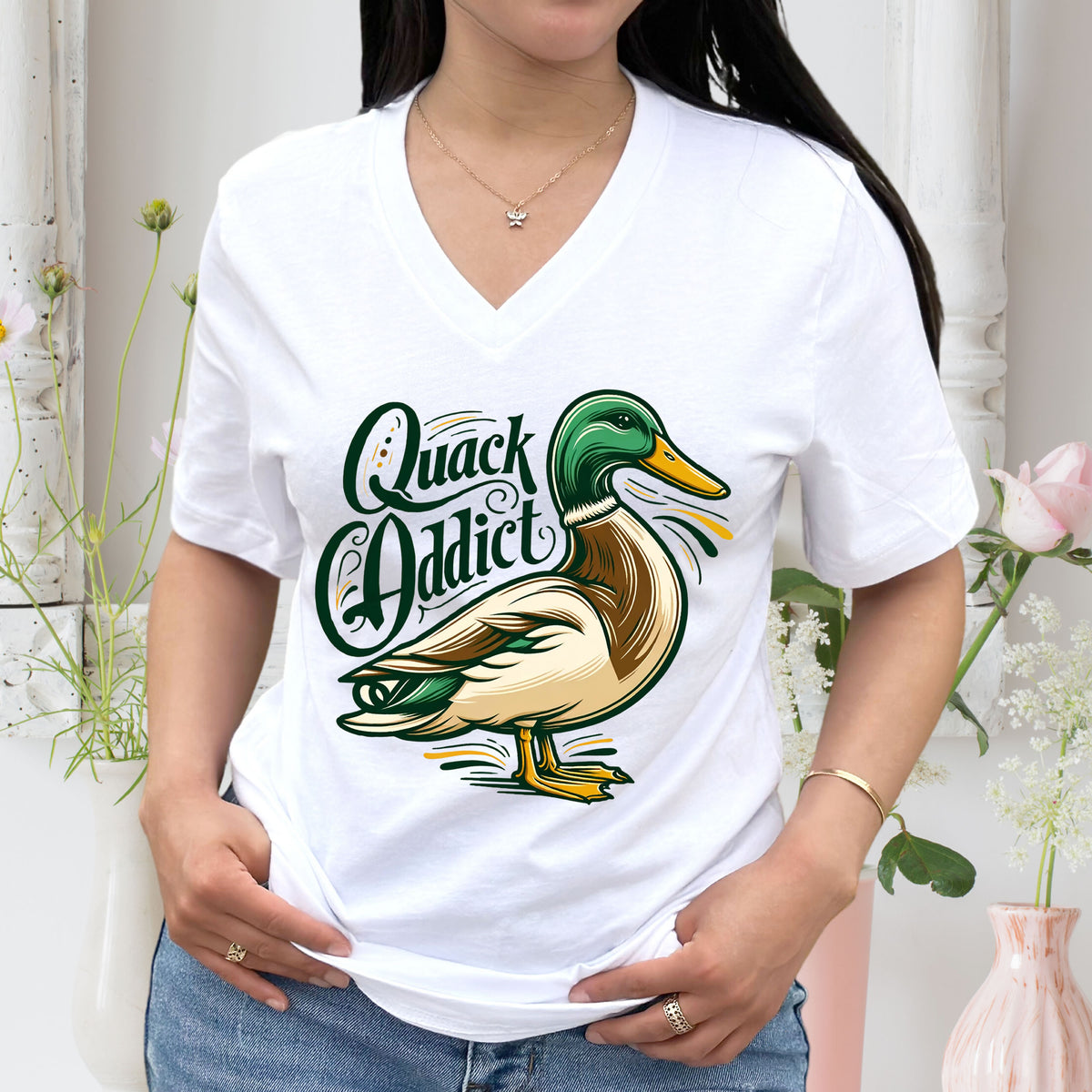 Quack Addict Funny Mallard Duck Shirt | Bird lover Shirt | White V-neck T-shirt