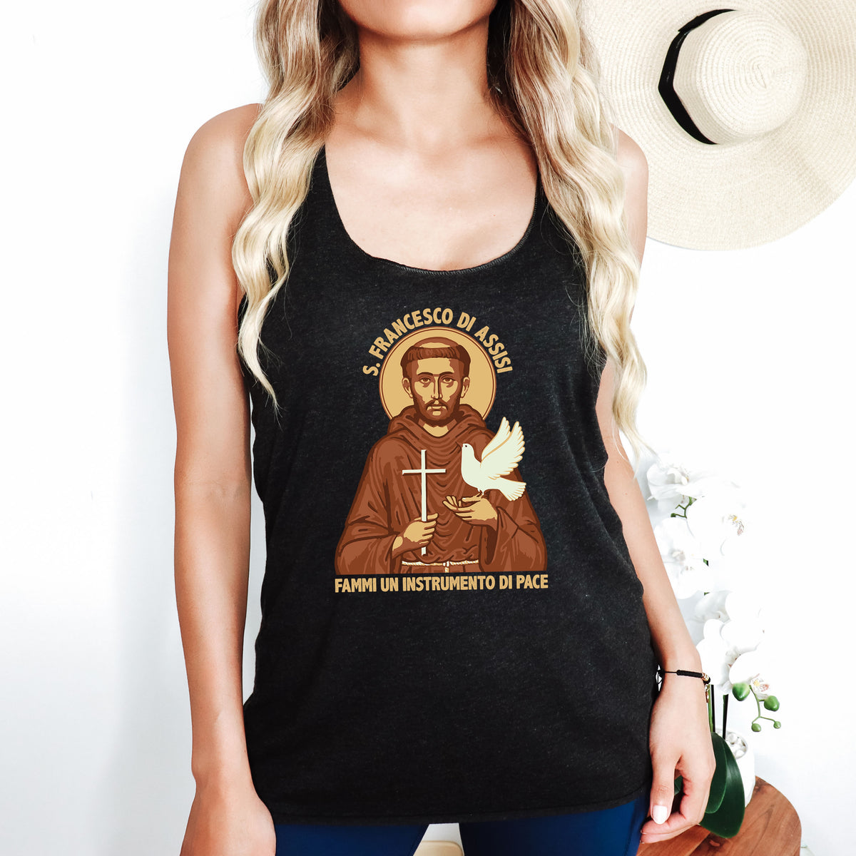 Saint Francis Catholic Peace Prayer Shirt | Vintage Black Racerback Tank Top