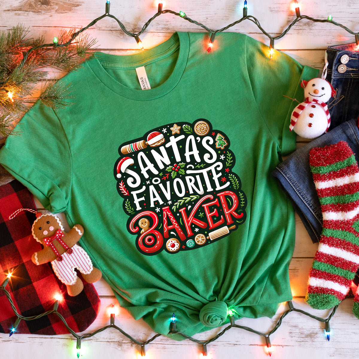 Santa's Favorite Baker Christmas Baking Shirt  | Heather Green Unisex Jersey T-shirt