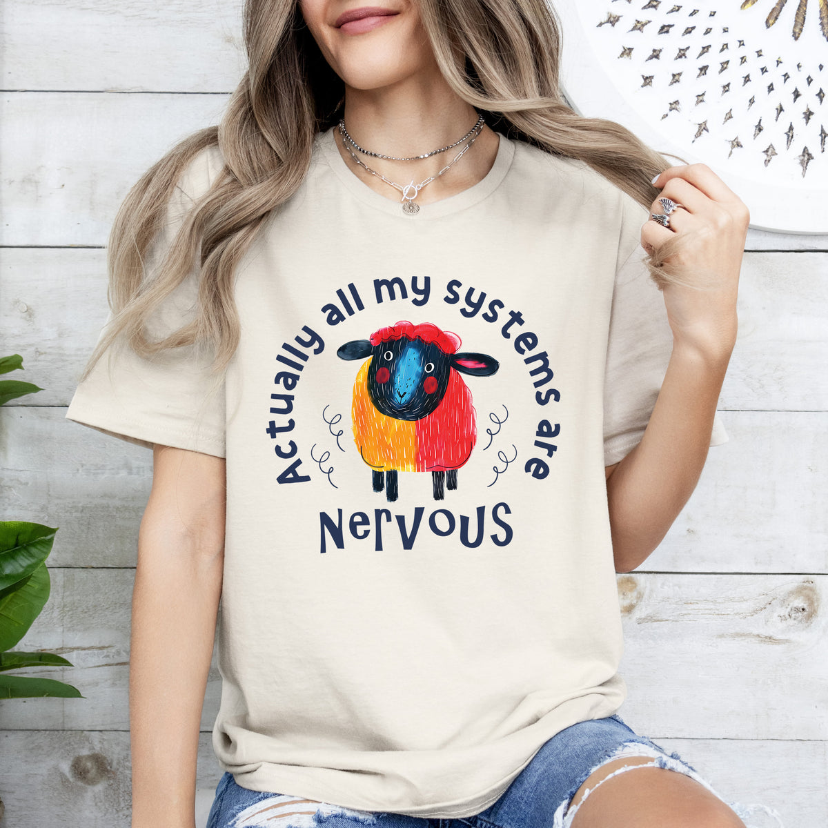 All My Systems Are Nervous Anxiety Shirt | Cute Sheep Nervous System Shirt | Funny Overstimulated Gift | Unisex Soft Style T-Shirt