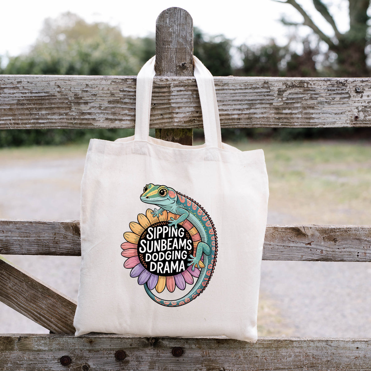 Sipping Sunbeams Cute Gecko Sunflower Tote | Natural Canvas Tote Bag