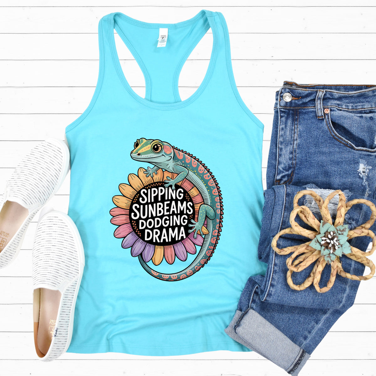 Sipping Sunbeams Cute Gecko Sunflower Shirt | Positive Vibes Summer Shirt | Women's Slim Fit Ideal Racerback Tank