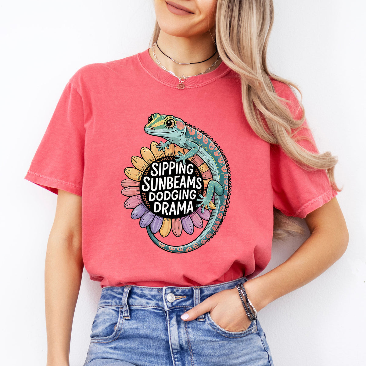 Sipping Sunbeams Cute Gecko Sunflower Shirt | Positive Vibes Summer Shirt | Unisex Garment-Dyed T-shirt