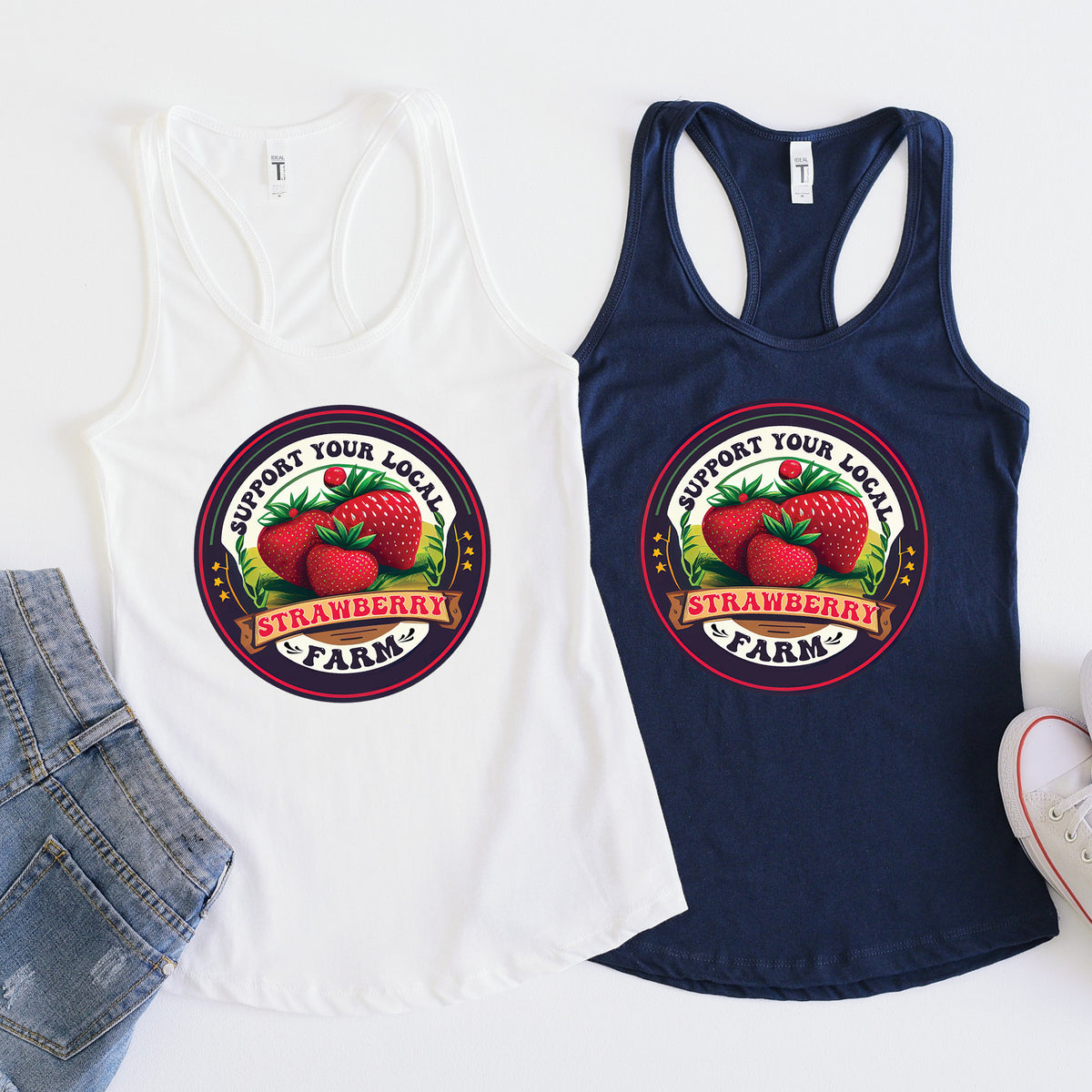 Support Your Local Strawberry Farm Shirt | Women's Navy White Racerback Tank Top