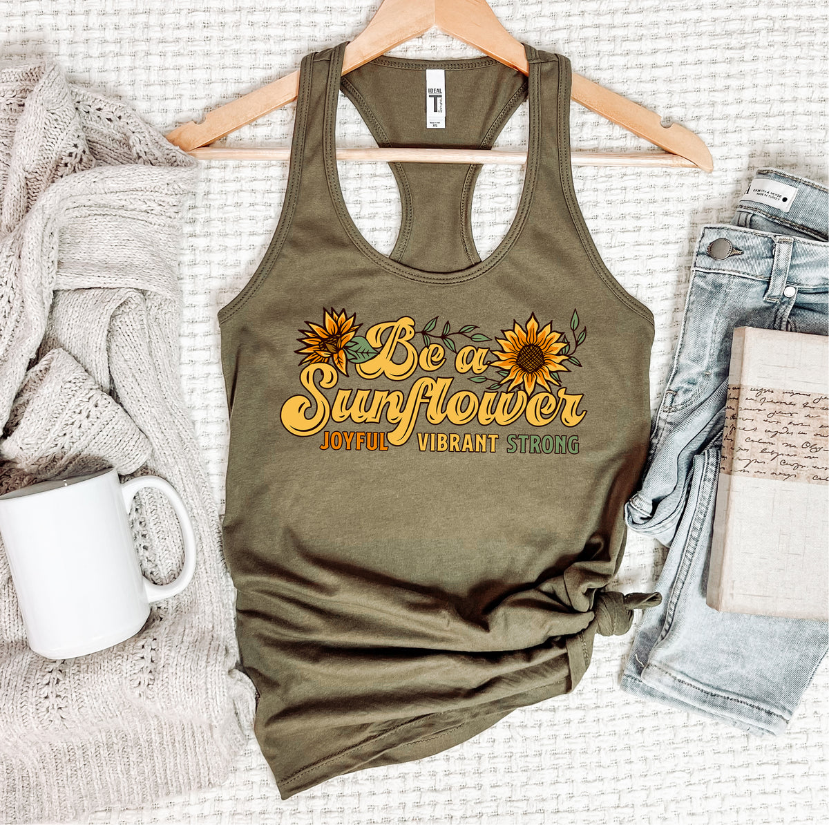 Be a Sunflower Girl Power Sunflower Shirt  | Military Green Women's Racerback Tank top