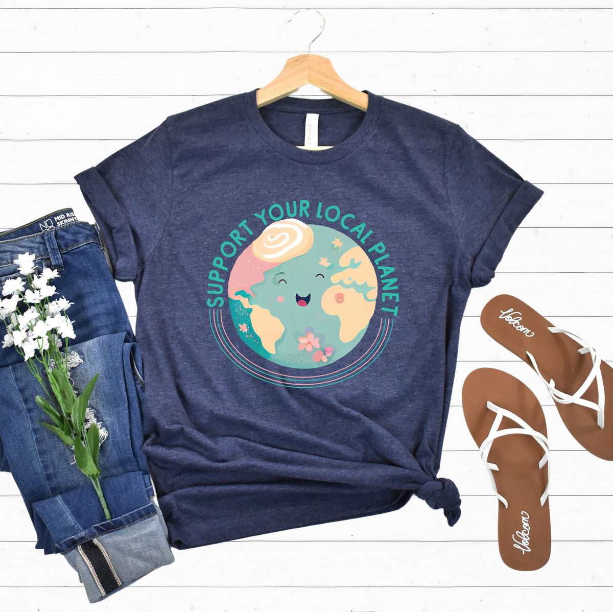 Support Your Local Planet Earth Day Shirt  | Heather Navy Unisex Jersey T-shirt