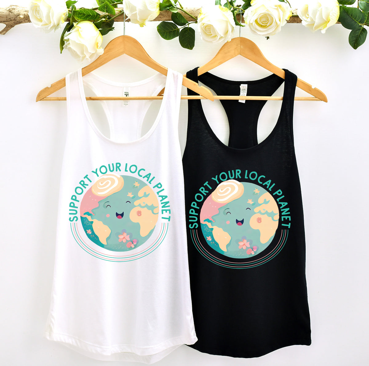 Support Your Local Planet Earth Day Shirt | Black White Racerback Tank Tops