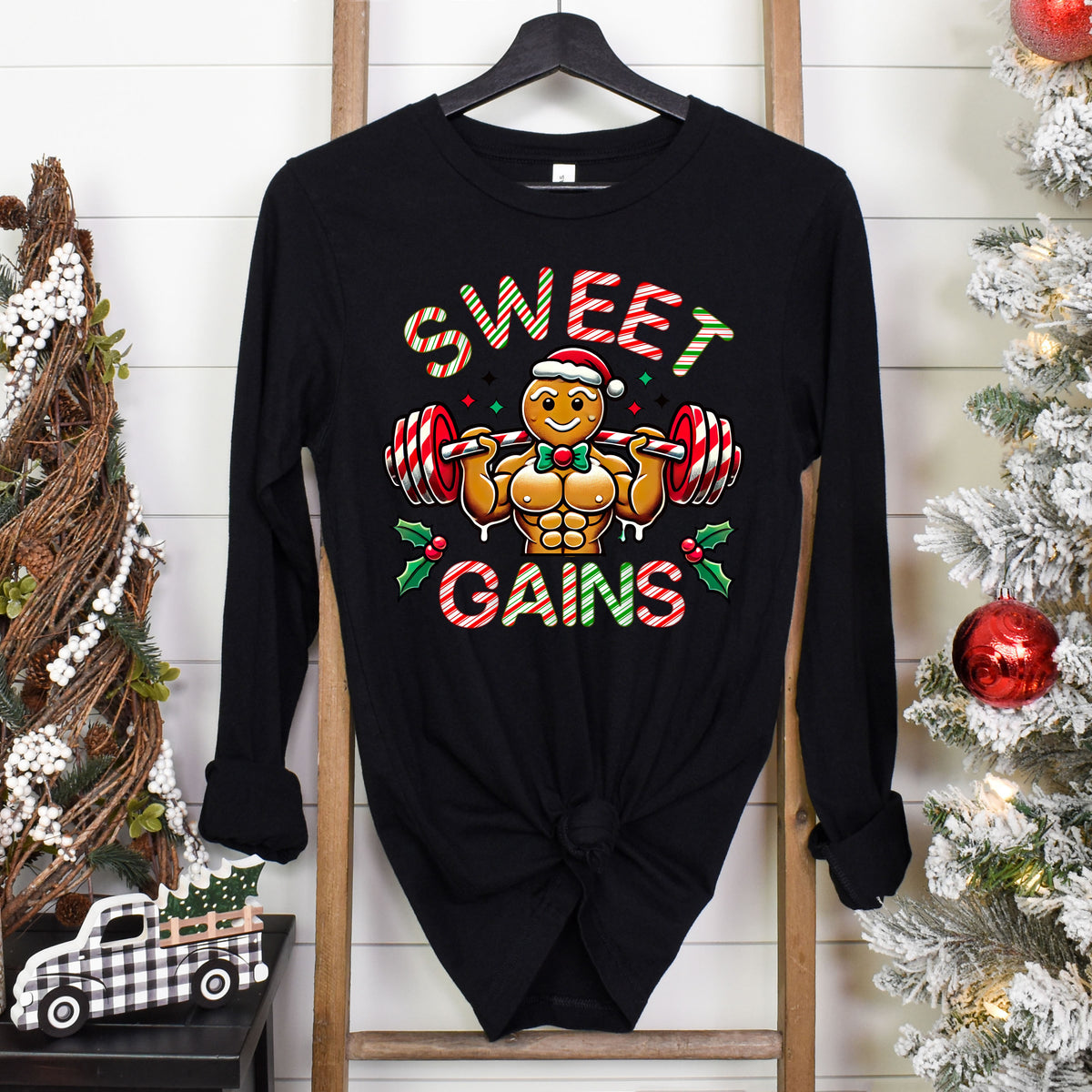 Sweet Gains Gingerbread  Gym Workout Shirt | lack Unisex Long-sleeved T-shirt