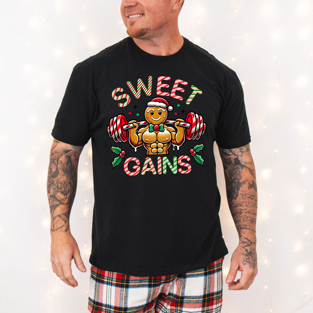 Sweet Gains Gingerbread  Gym Workout Shirt | Black Unisex Jersey T-shirt