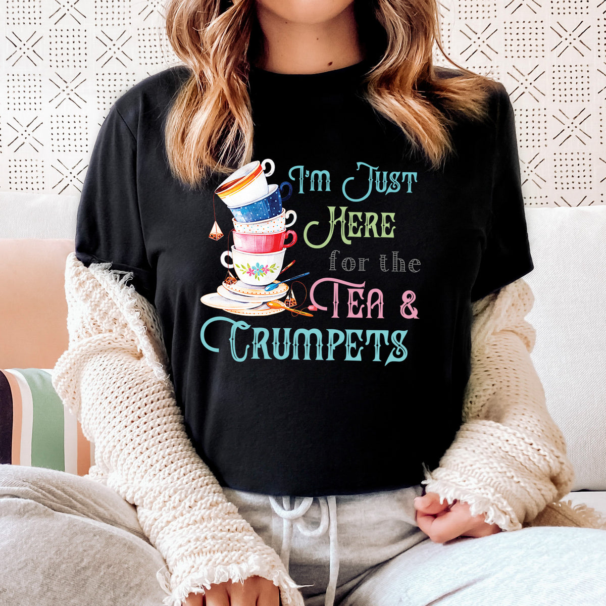 Tea & Crumpets Tea Cups Funny Shirt  | Black Unisex Jersey T-shirt