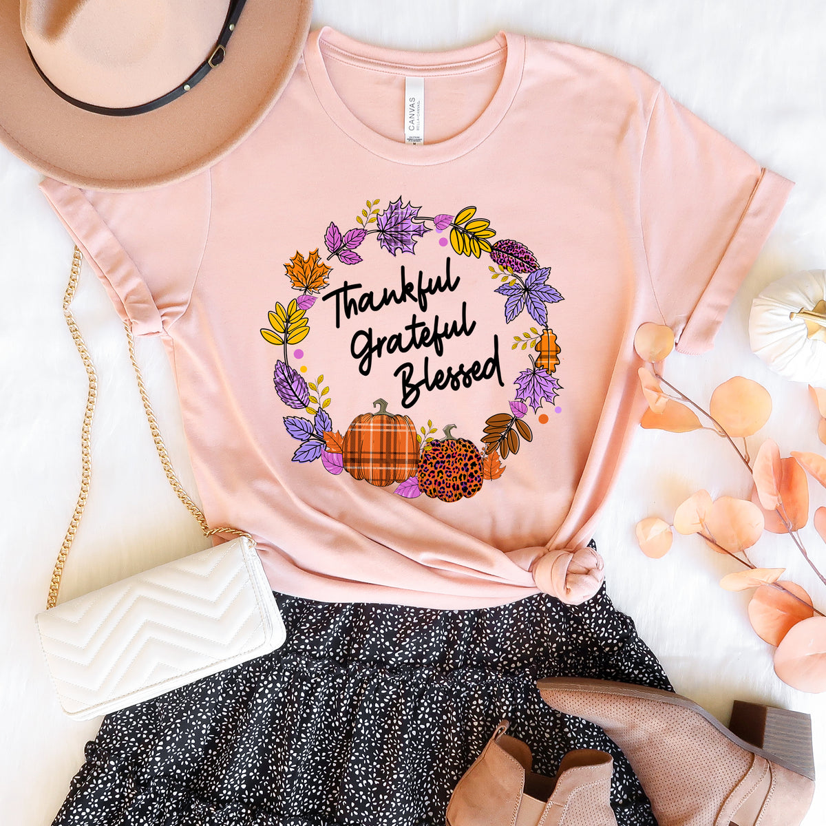 Thankful Buffalo Plaid Pumpkin Fall Shirt | Heather Peach Tshirt
