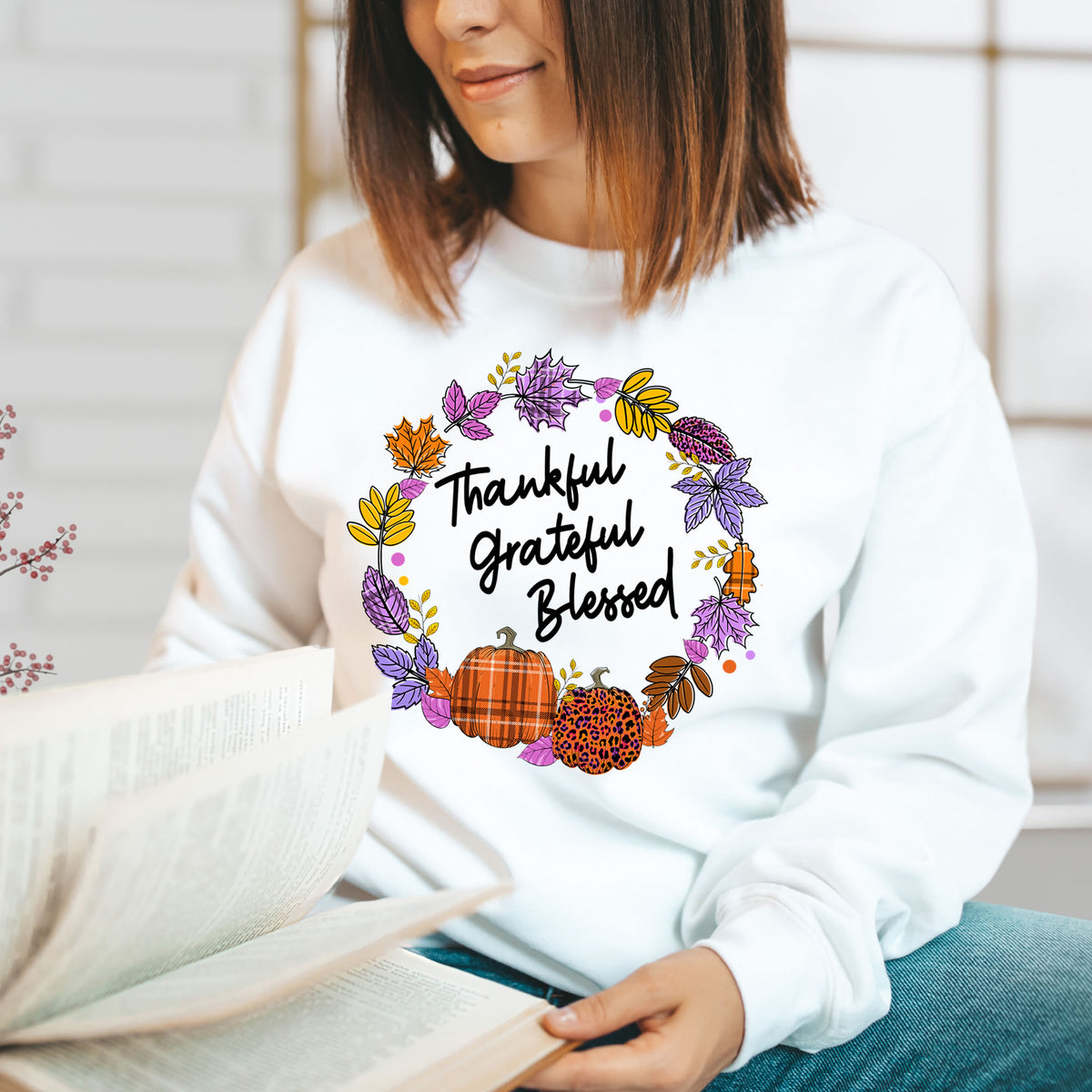 Thankful Buffalo Plaid Pumpkin Fall Shirt | White Sweatshirt
