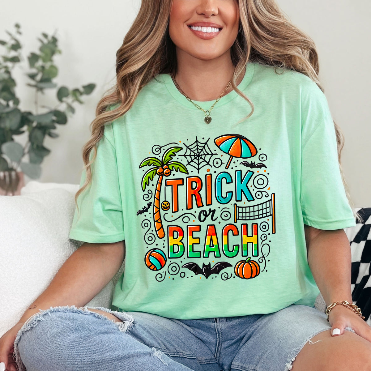 Trick Or Beach Beach Bum Halloween Shirt | Mint Green Tshirt