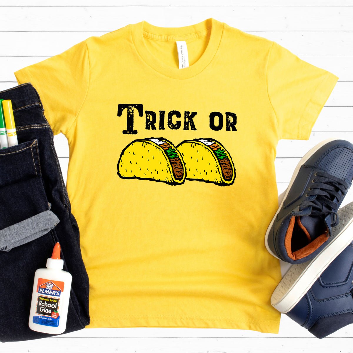 Trick or Tacos Funny Halloween Taco Shirt  | Gold Youth Tshirt