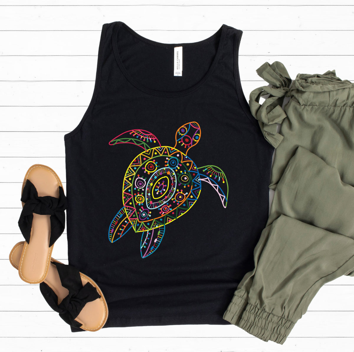 Sea Turtle Line Drawing Beach Bum Shirt  | Black Unisex Jersey Tank Top
