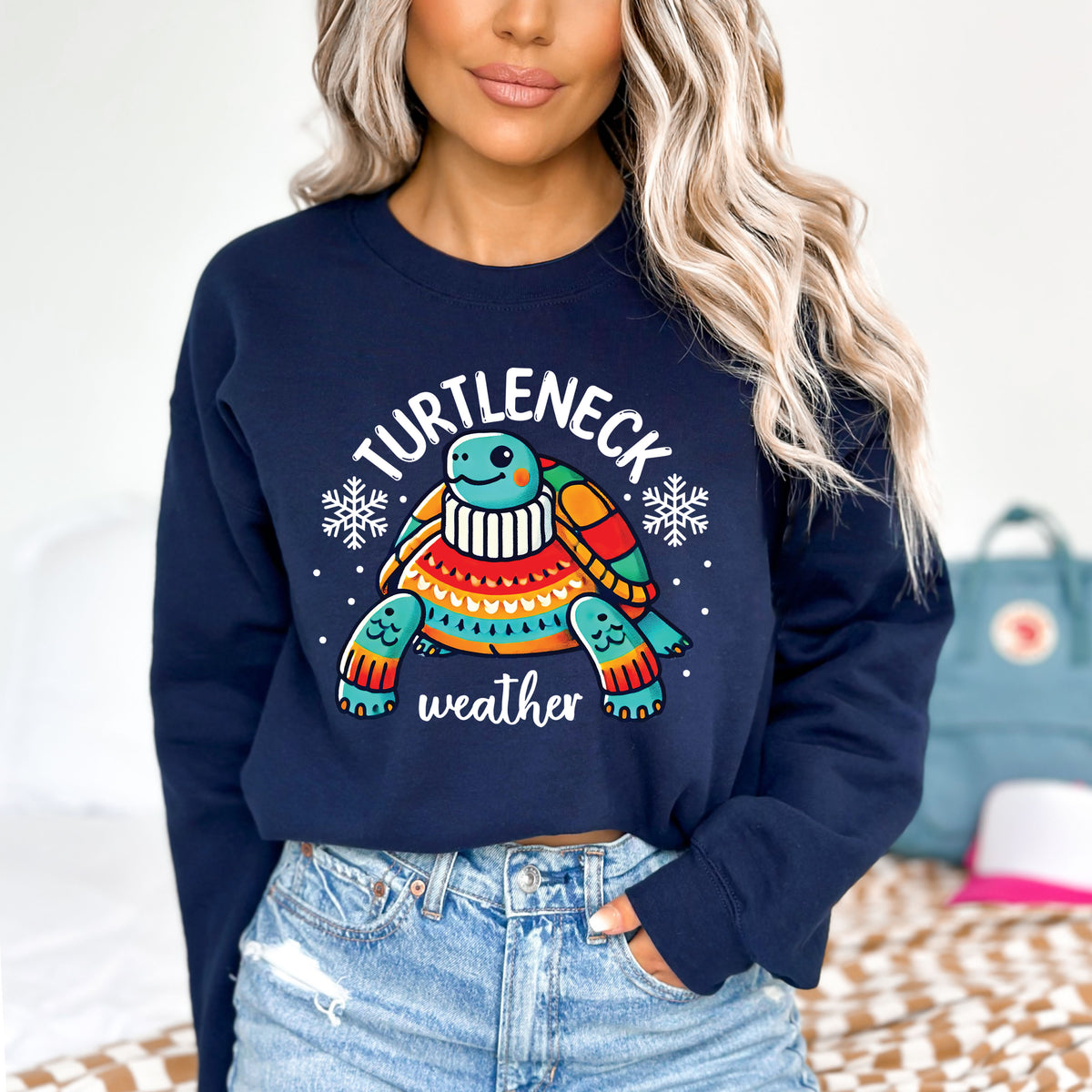 Turtleneck Weather Cute Turtle Sweatshirt | Navy Blue Unisex Crewneck Sweatshirt