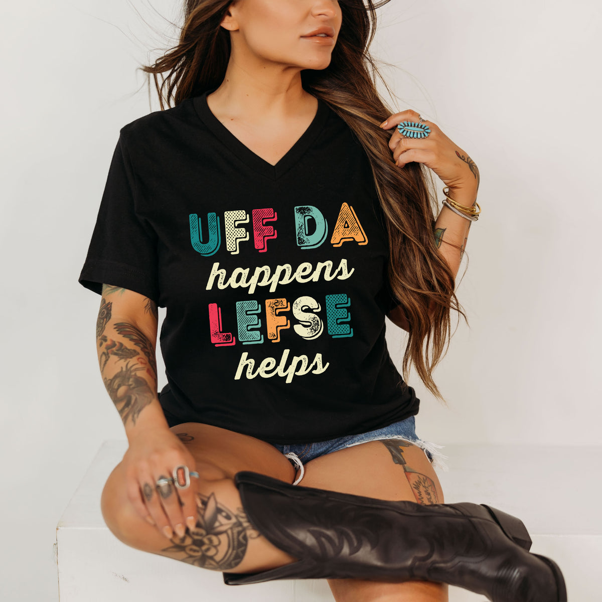 Uff Da Happens Lefse Helps Minnesota Shirt | Black unisex v-neck t-shirt