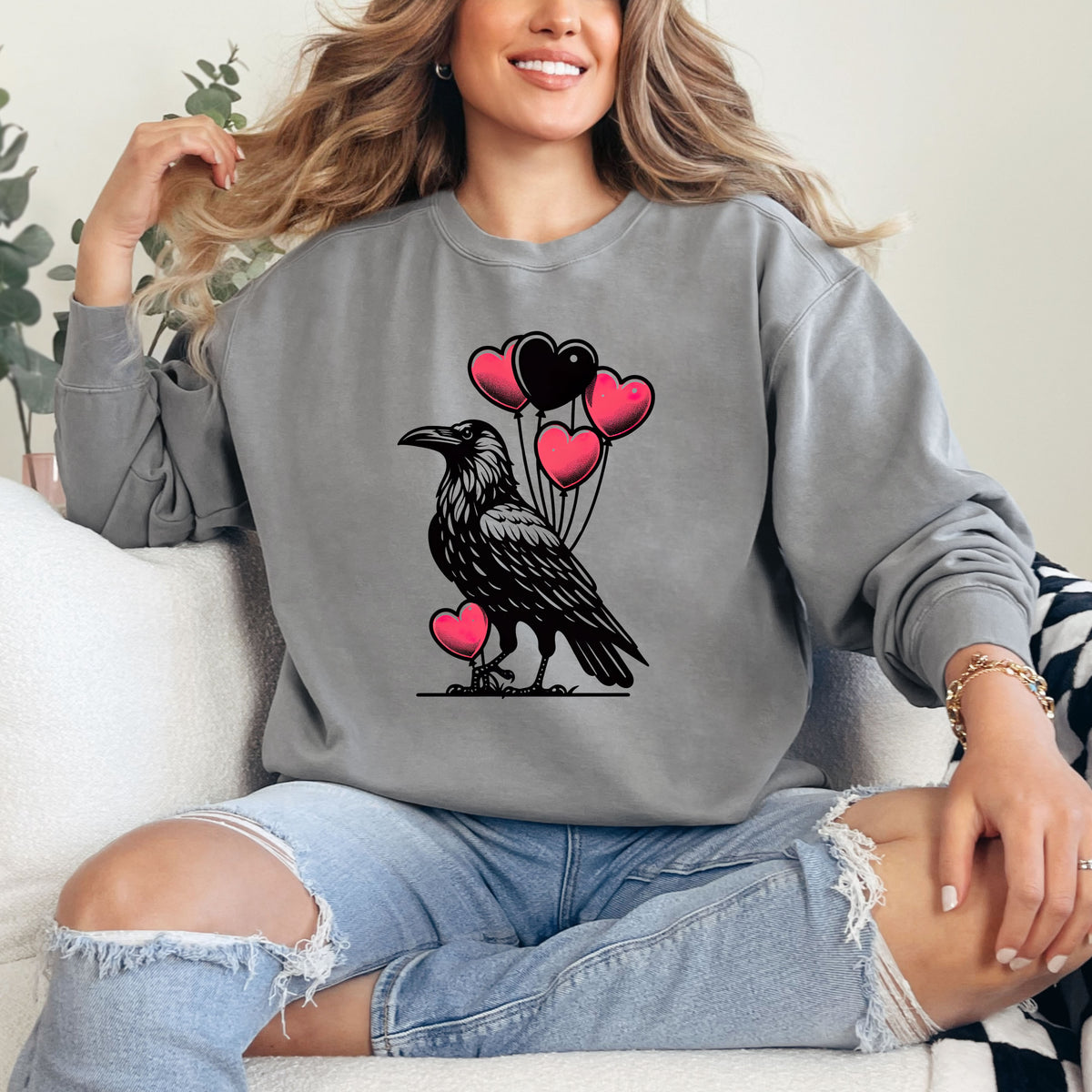 Crow Heart Balloons Valentines Day Shirt | Grey Comfort Colors Sweatshirt