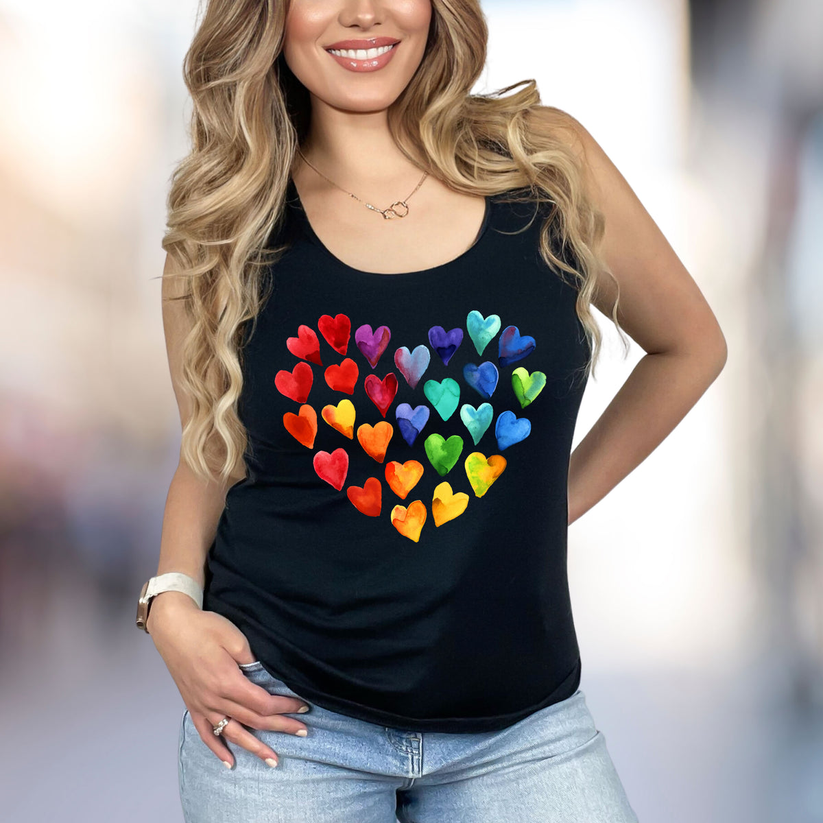 Watercolor Art Hearts Love V Neck Shirt | Black Racerback Tank top