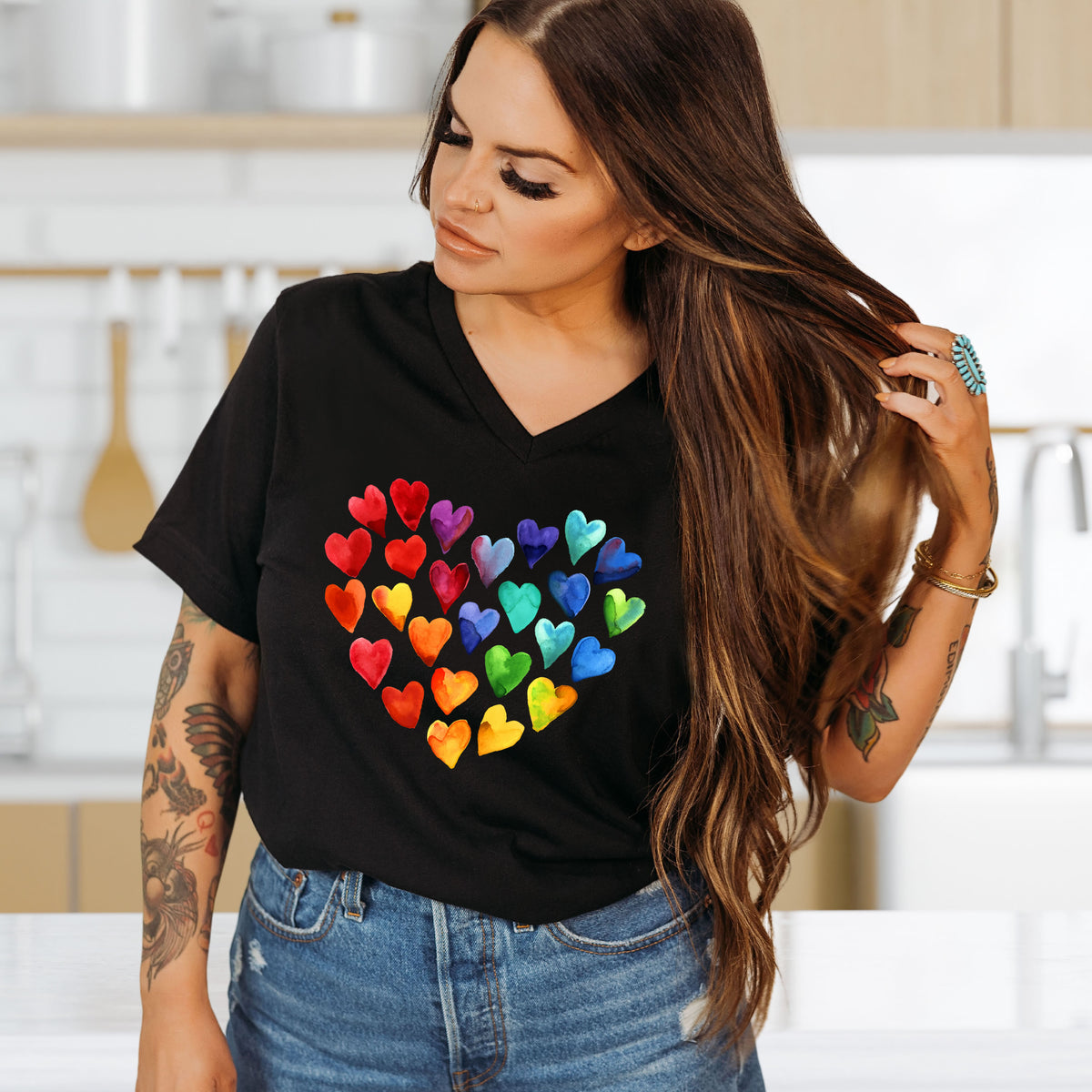 Watercolor Art Hearts Love Aesthetic Shirt | Black Unisex V-neck T-shirt