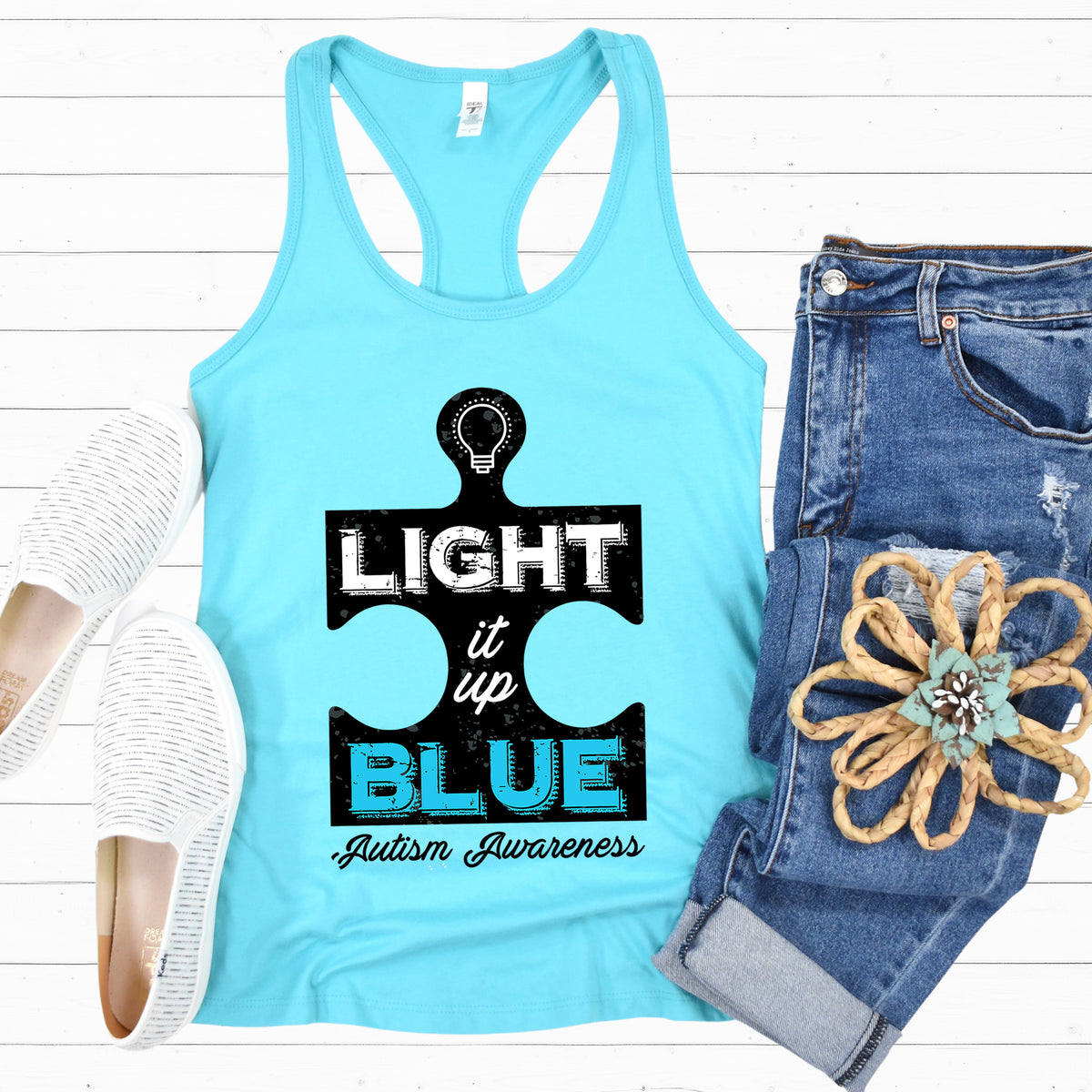 Light It Up Blue Autism Awareness Shirt | Tahiti Blue Racerback Tank top