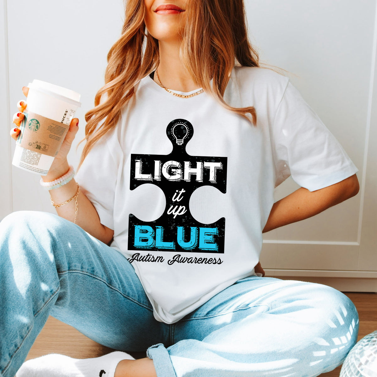 Light It Up Blue Autism Awareness Shirt | White Unisex Jersey T-shirt