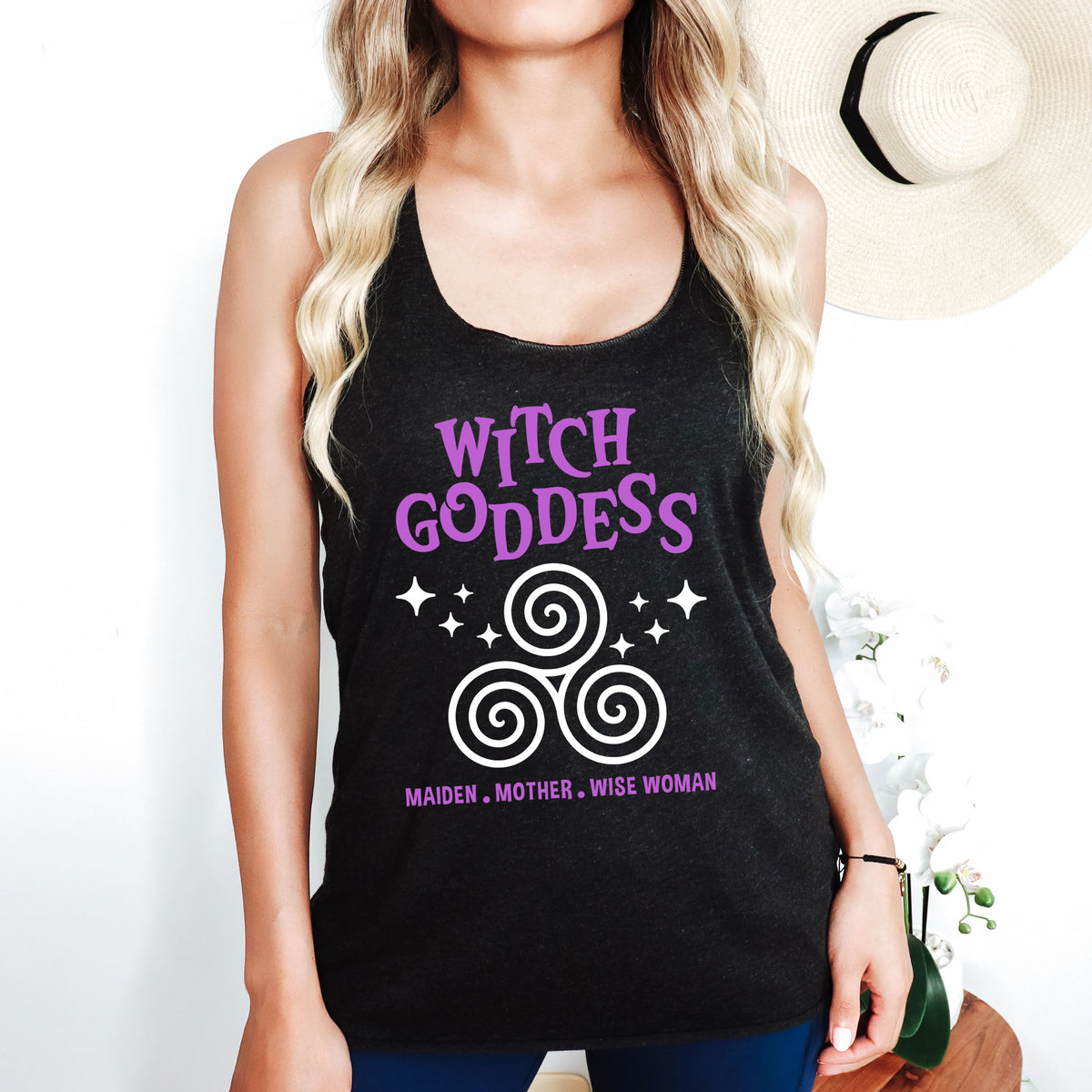 Witch Goddess Triskelion Halloween Shirt | Vintage Black Racerback Tank Top
