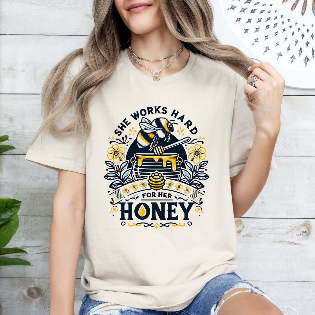 She Works Hard Honey Shirt | Honey Bee Gift | Sand Unisex Jersey T-shirt